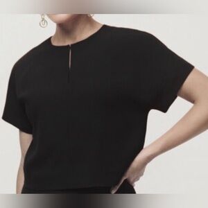 J.Crew 365 CROP SHIRT Black Crepe SPLIT NECK Cap Sleeve Top Blouse Lined